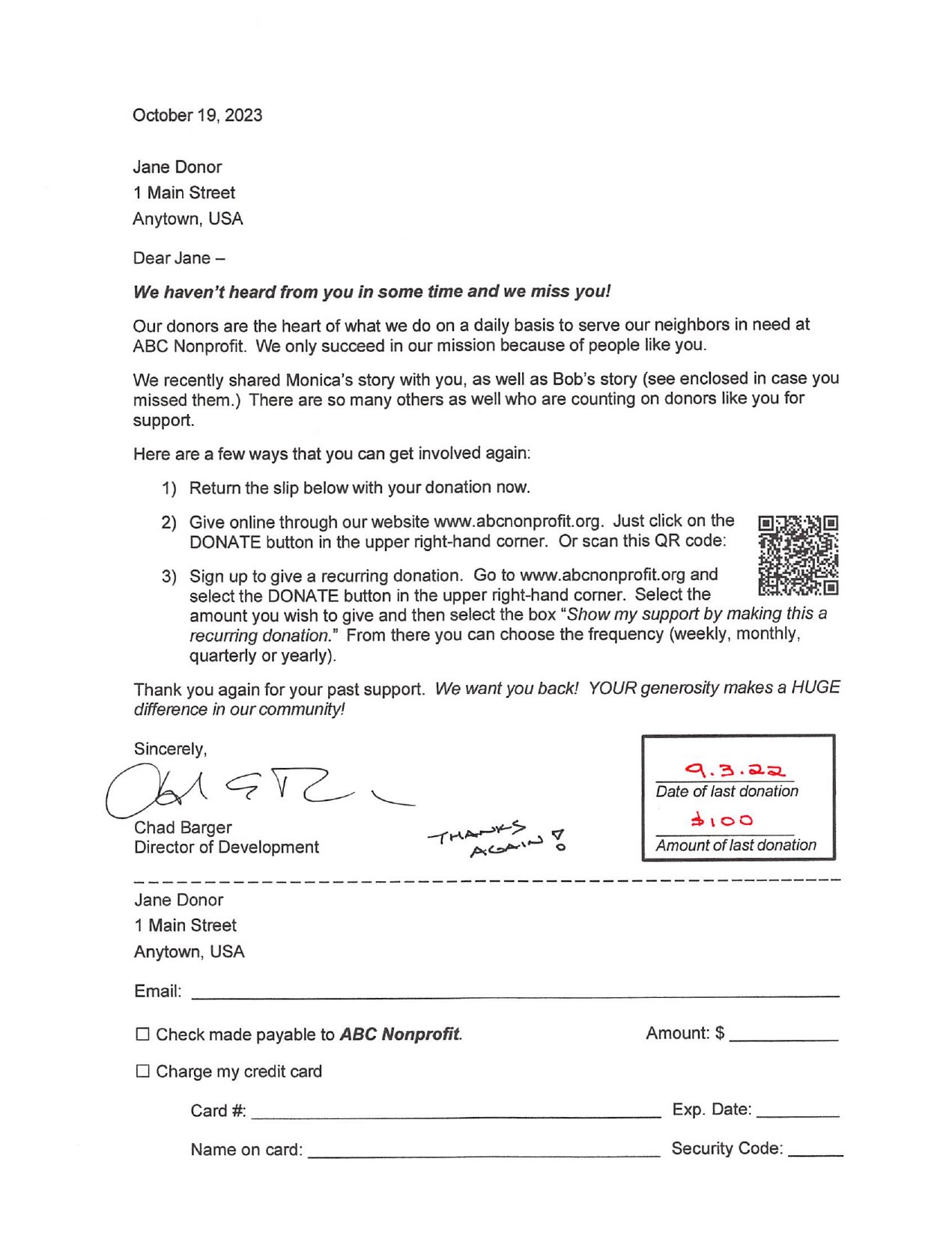 Sample lapsed donor reactivation letter with last gift date and amount written in red pen